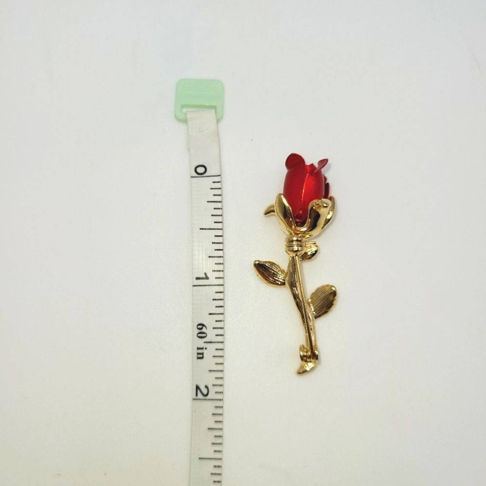 Vintage Rose Brooch Pin, Red And Gold Tone - image 2